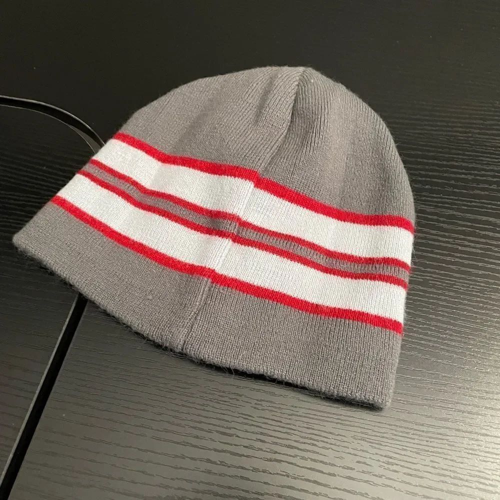Mens Charcoal Gray, Light Gray & Red Reversible Beanie, One Size